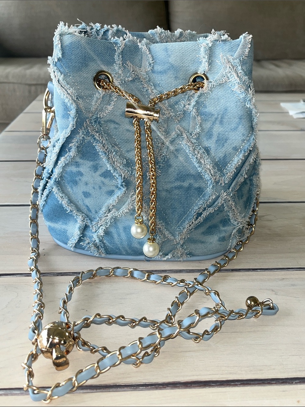 NWOT Frayed Denim Patchwork Bucket Bag with Gold Chain and Pearls